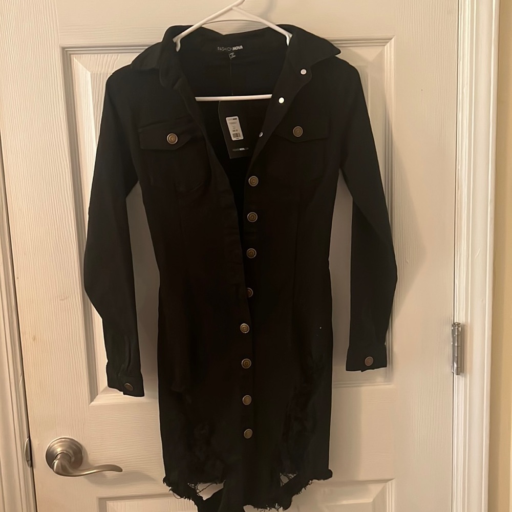 Black denim distressed bodycon dress